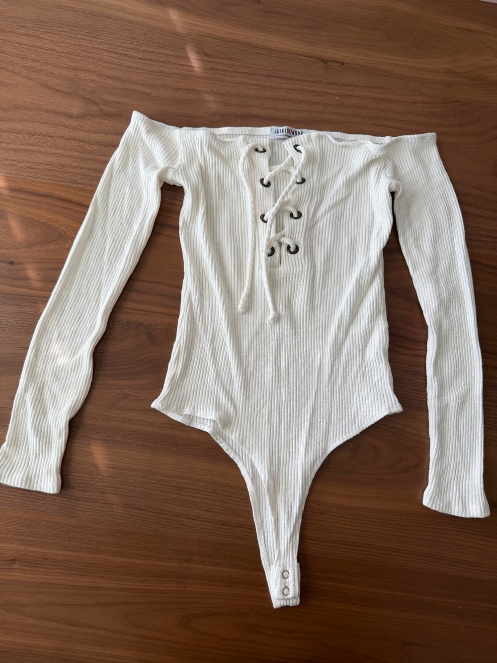 Fashion Nova Ribbed Lace-Up Off-Shoulder White One-Piece Bodysuit